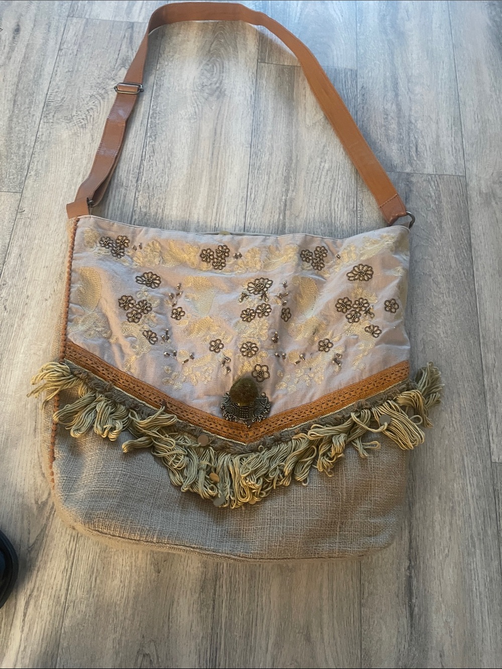 Embroidered Fringe Tote Bag in Beige and Tan